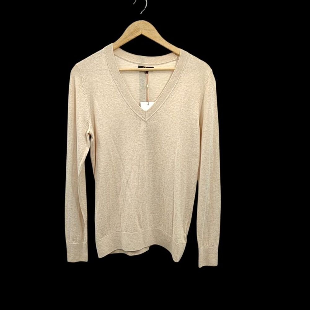 Quince Women Lightweight Cotton Cashmere V-Neck Sweater Sleeved Top Tan S